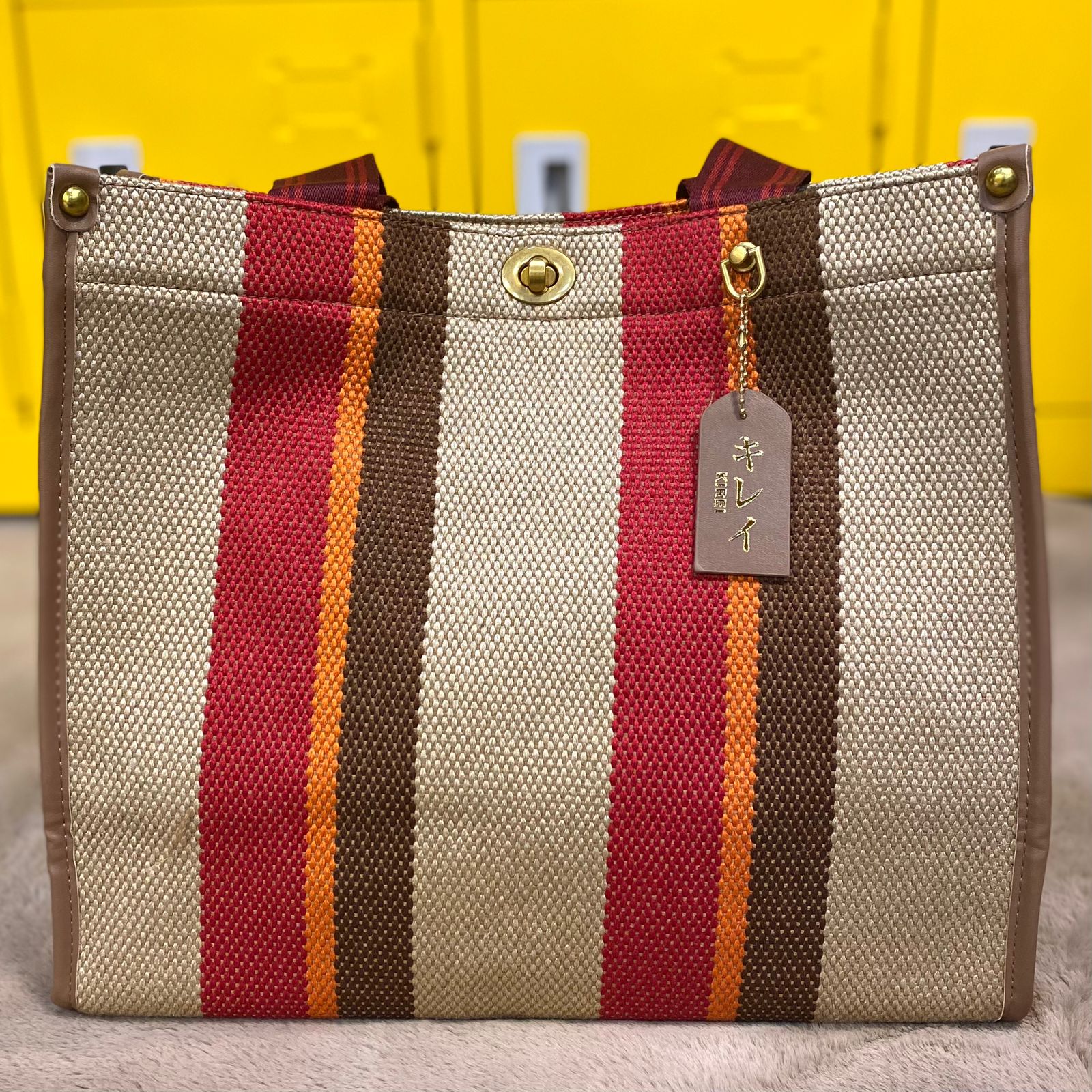 Túi xách Kirei ECO stripes canvas tote 02 HD Nâu đỏ