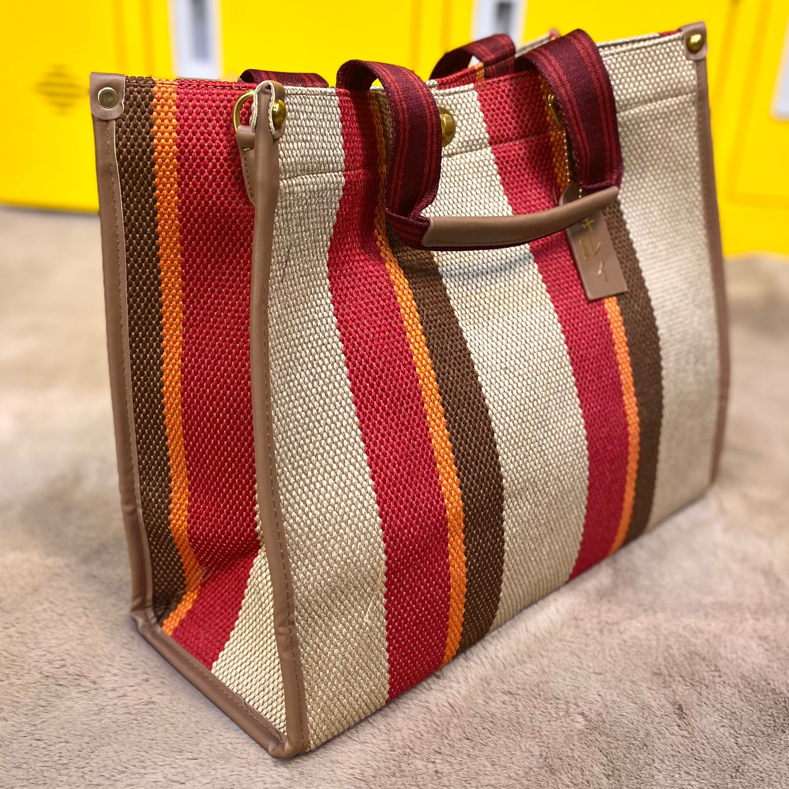 Túi xách Kirei ECO stripes canvas tote 02 HD Nâu đỏ