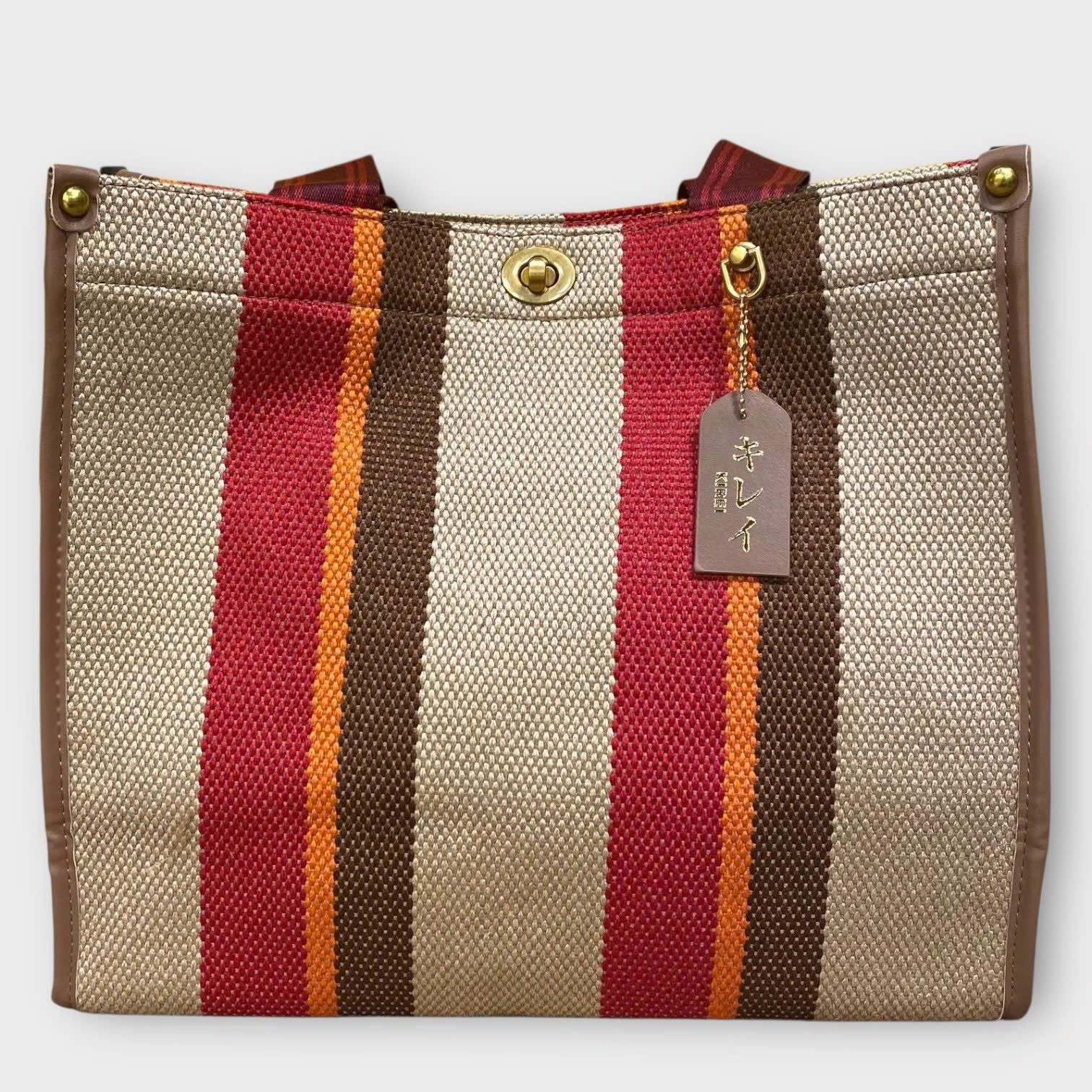 Kirei ECO stripes canvas tote bag 02 HD Brown red