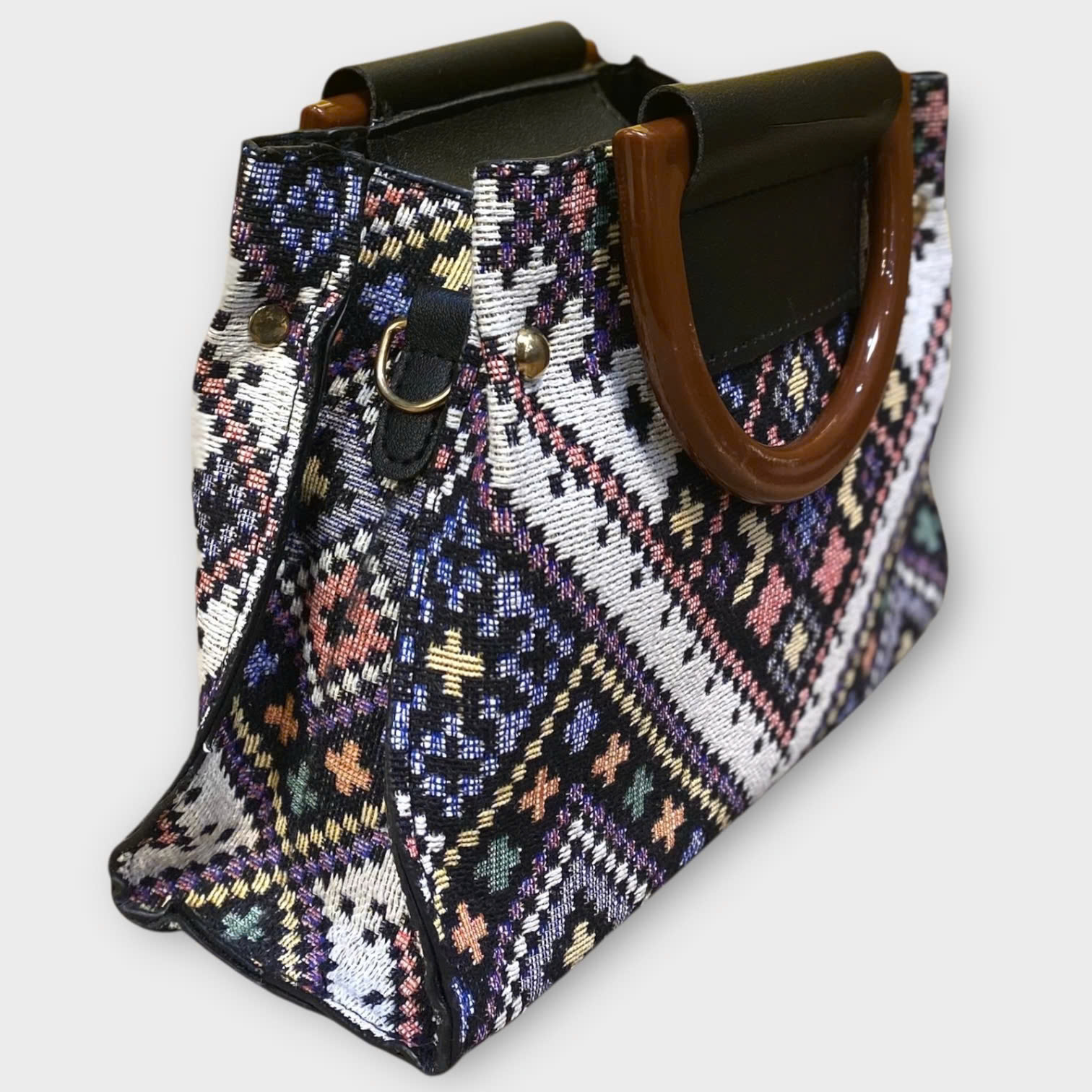 [FREE] Brown HD wooden handle brocade bag - 22x17x9cm