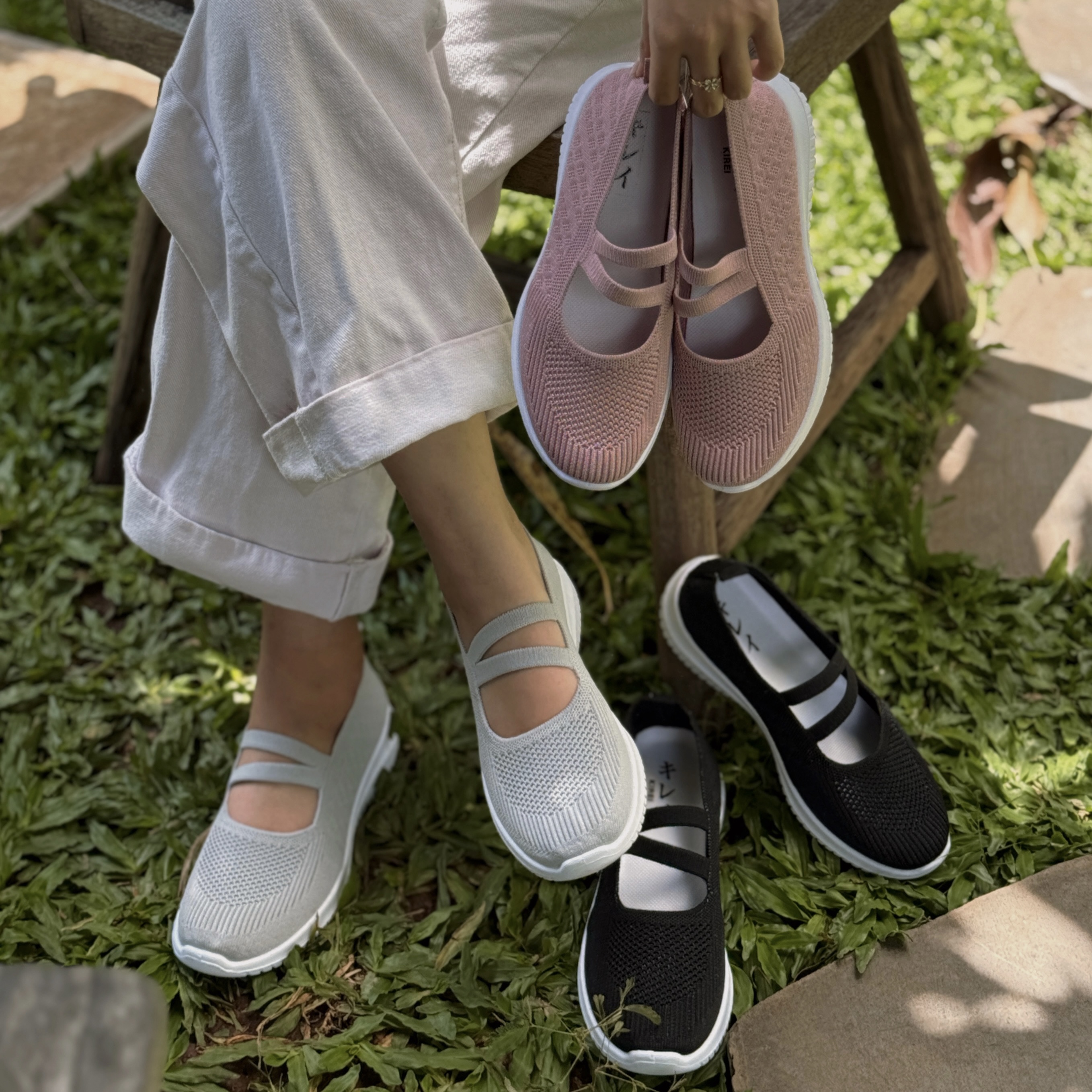 Kirei Walk BG Giày Búp Bê Straps Knitted Hồng