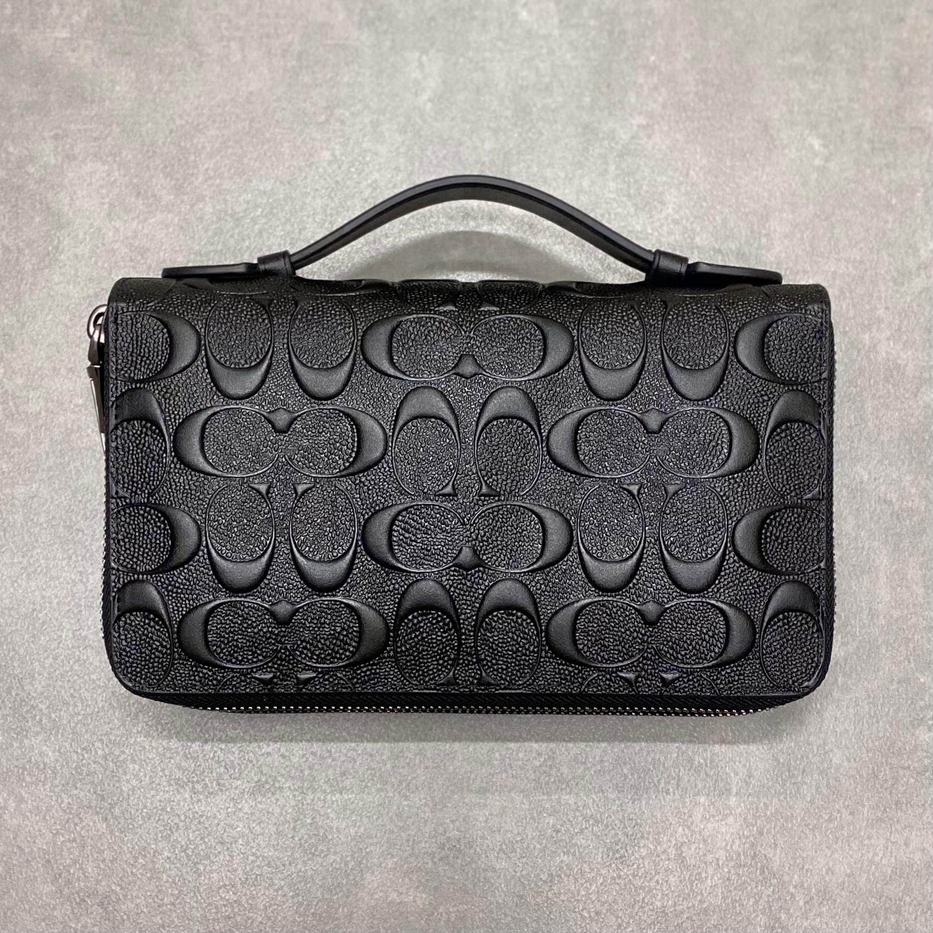 Ví Coach Double Zip Travel Organizer Wallet Billfold Clutch in Signature Embossed Leather DS Black